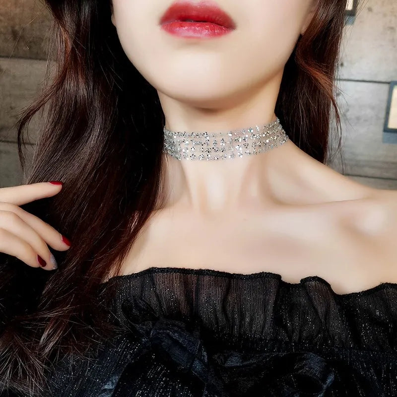 Sexy Wide Metal Collar Choker Necklaces for Women Lace Shiny Sequin Neck Necklace Chain Collars Necklace Elegant Party Jewelry