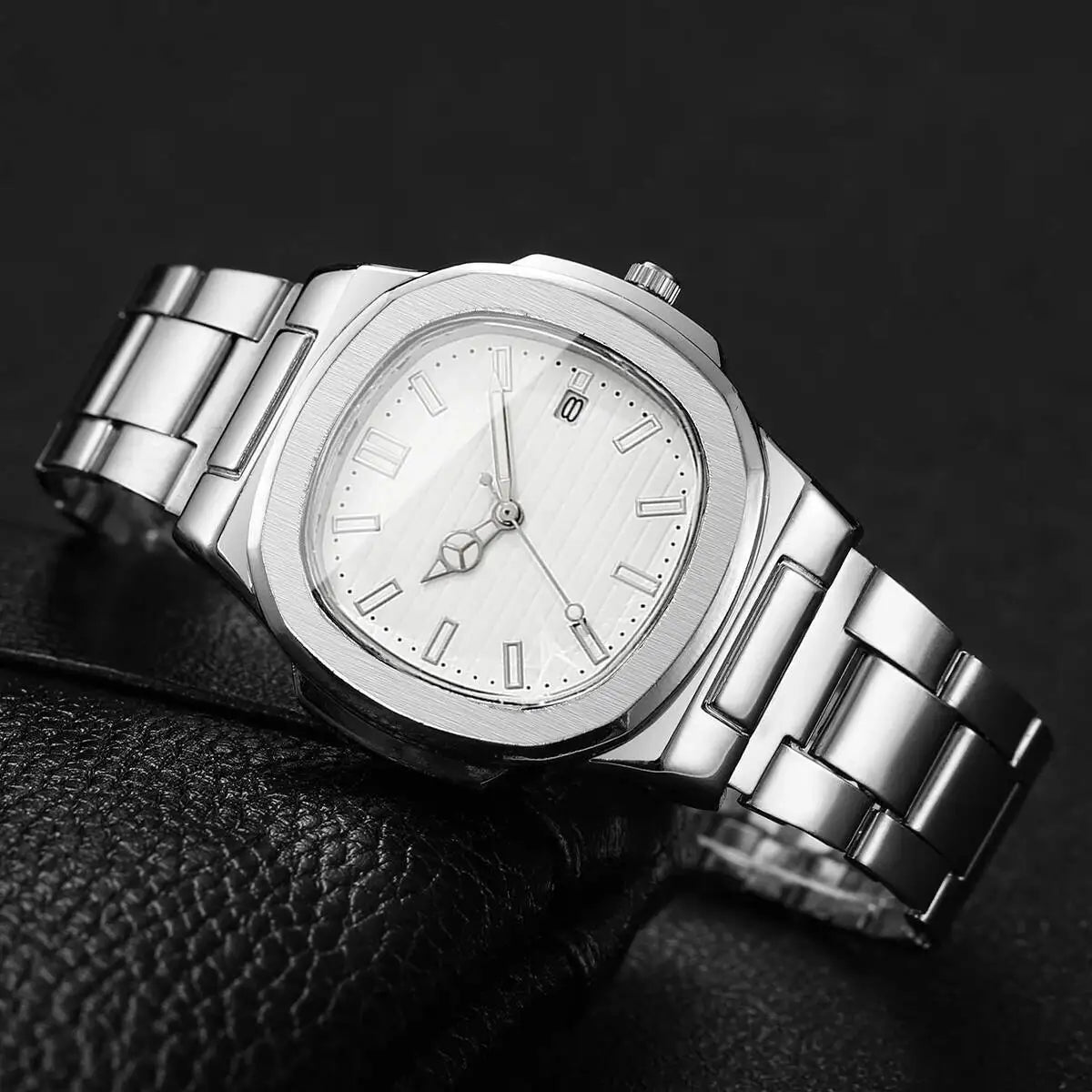 Luxury Men Business Watches Fashion Square Dial Stainless Steel Strap Quartz Watch with Calendar For Mens Clock(Without Box)