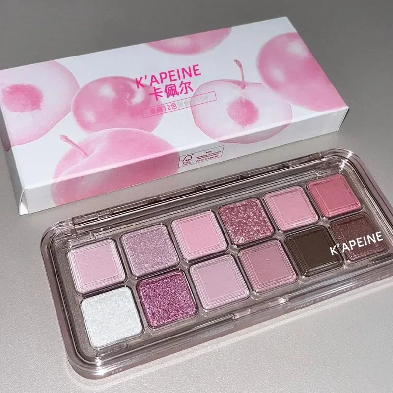 12 Colors Pink Eye Shadow Pallete Clear Glitter Pearl ,Girl Beginner Makeup Nude Eyeshadow Low Saturation Korean Cosmetics