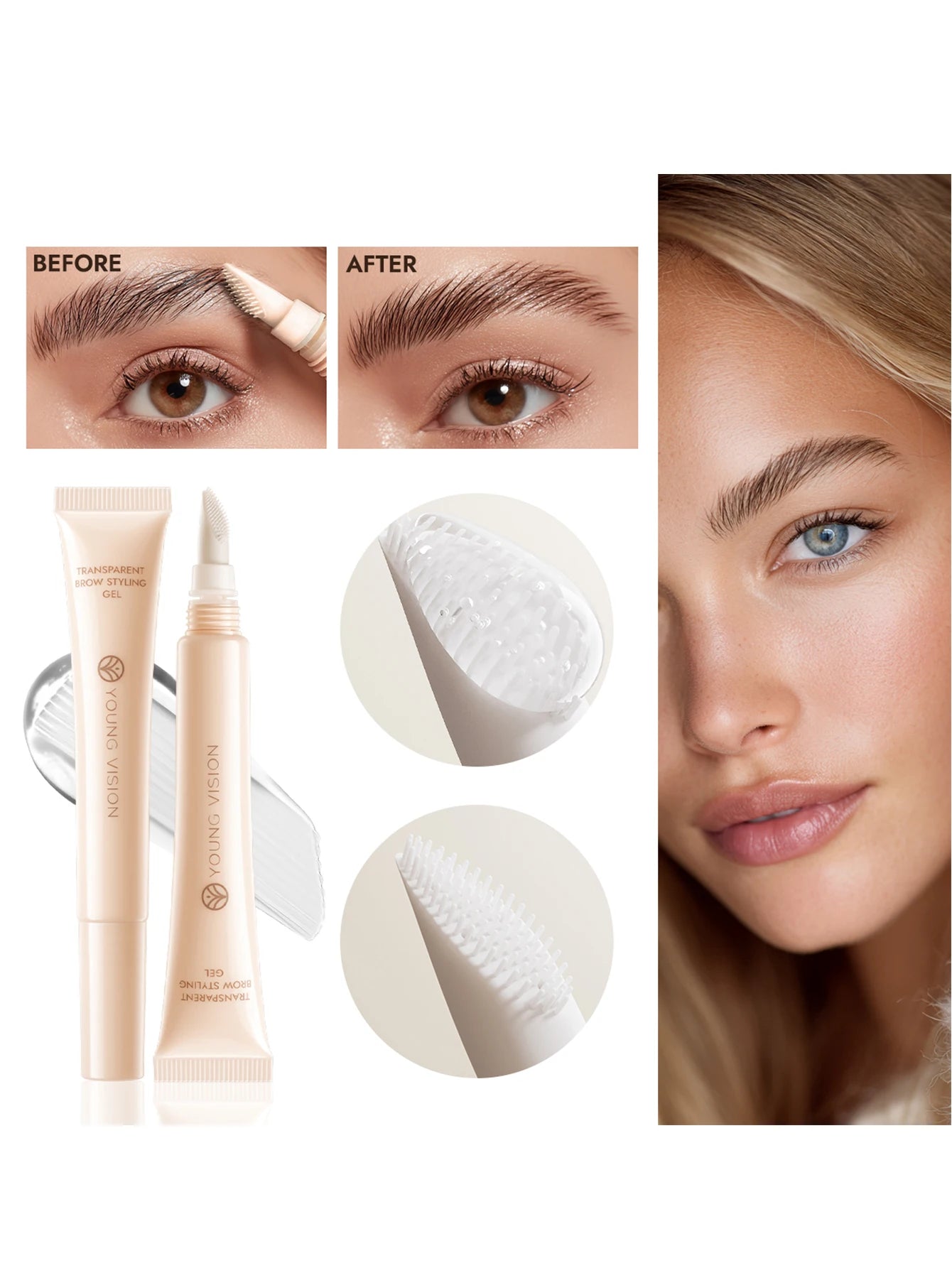 Clear Eyebrow Gel – Lightweight, non-flaky formula with micro comb applicator for even coverage, natural texture, and perfect br