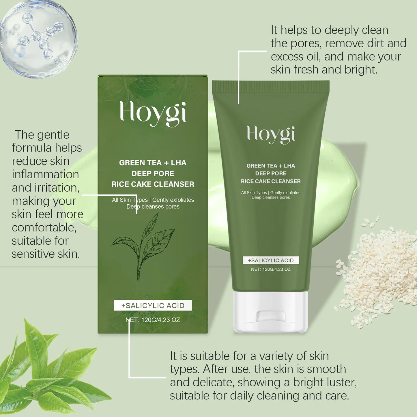 Green Tea Salicylic Acid Facial Cleanser Cleansing Pore Refining Hydrating Blackhead Removal Oil Control Non-Drying Face Wash