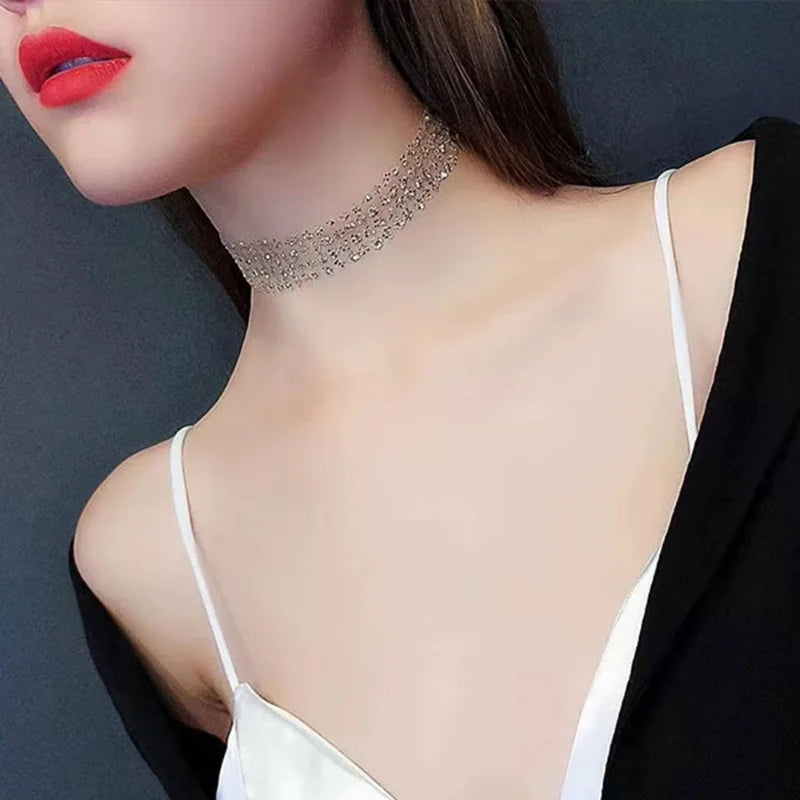 Sexy Wide Metal Collar Choker Necklaces for Women Lace Shiny Sequin Neck Necklace Chain Collars Necklace Elegant Party Jewelry