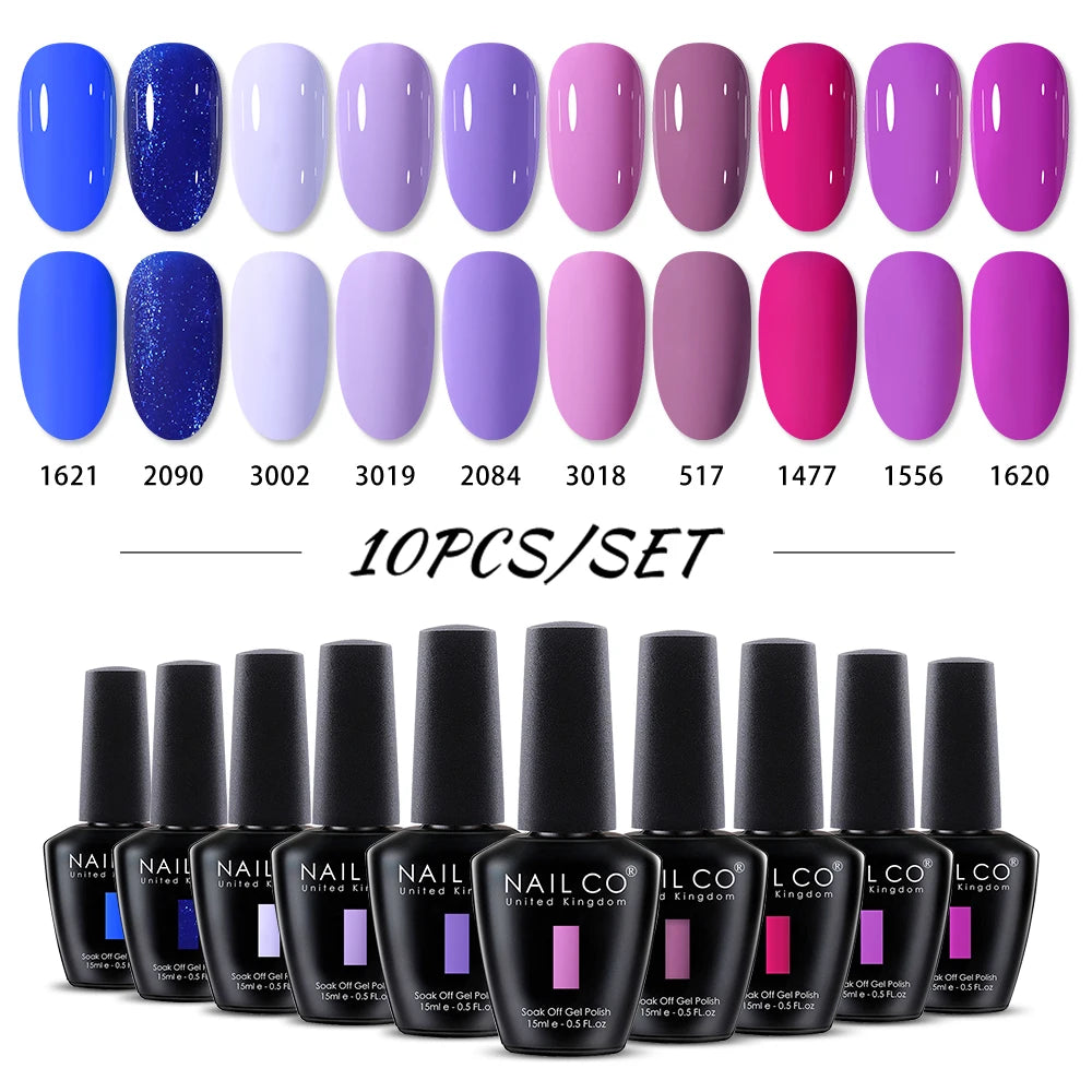 NAILCO 10PCS/Set Gel Nail Polish Gorgeous Full Coverage Semi Permanent Soak Off UV LED Gel Nail Art Base Top Coat Gel Polish Kit