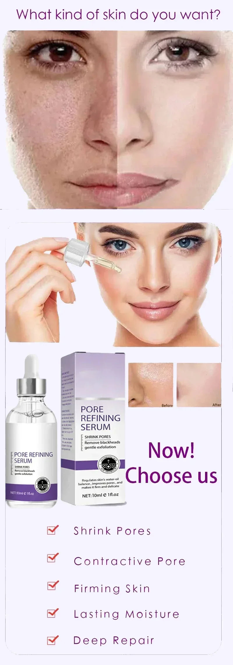 Face Skin Pore Shrinkage Serum Long-Lasting Moisturizing Improves Large Pores Calming Skin Care Essence