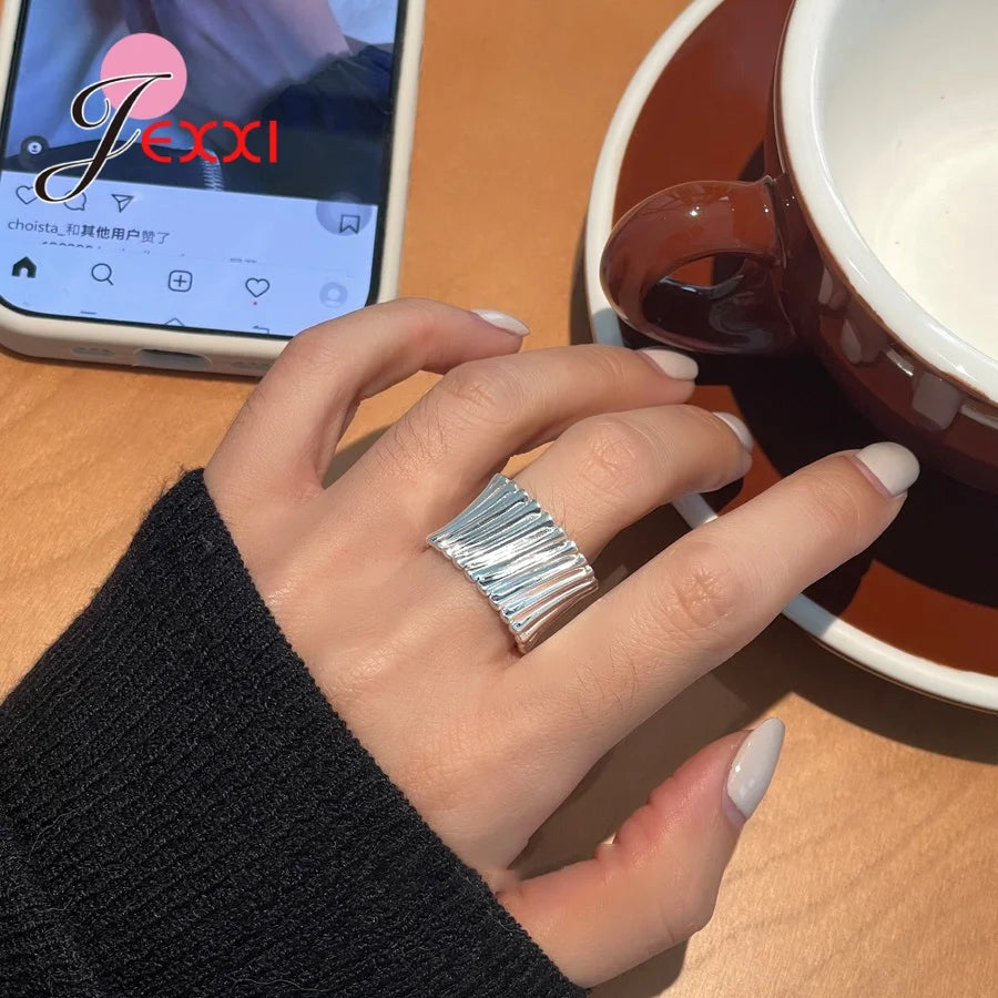 Genuine 925 Sterling Silver Ring For Women Jewelry Wide Simple Open Vintage Handmade Ring For Party Birthday Gift New Trendy