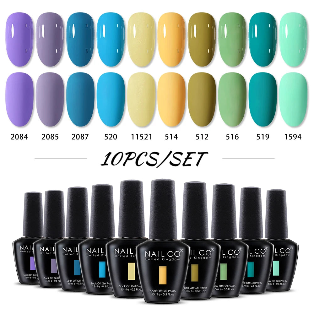NAILCO 10PCS/Set Gel Nail Polish Gorgeous Full Coverage Semi Permanent Soak Off UV LED Gel Nail Art Base Top Coat Gel Polish Kit