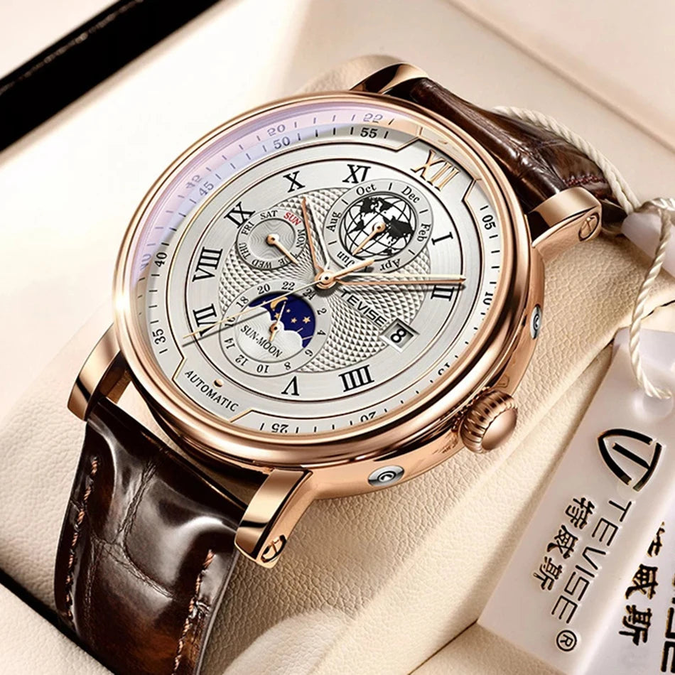 2025 TEVISE Top Brand Luxury Leather Watch For Men Business Waterproof Mens Mechanical Watches Moon Phase Automatic Wristwatch