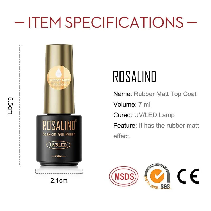 ROSALIND 7ML Matt Top Coat Nail Polish Lacquer Nail Gel Polish Vernis Semi Permanent Soak Off Gel Nail Polish Manicure Art
