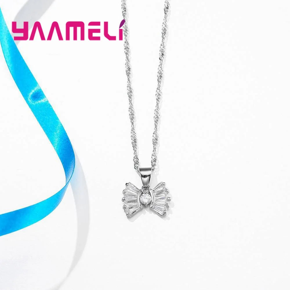 Lovely Women Bowknot Pendants Necklaces Earrings Jewelry Set For Party Accessory Anniversary 925 Sterling Silver Jewellery Sets