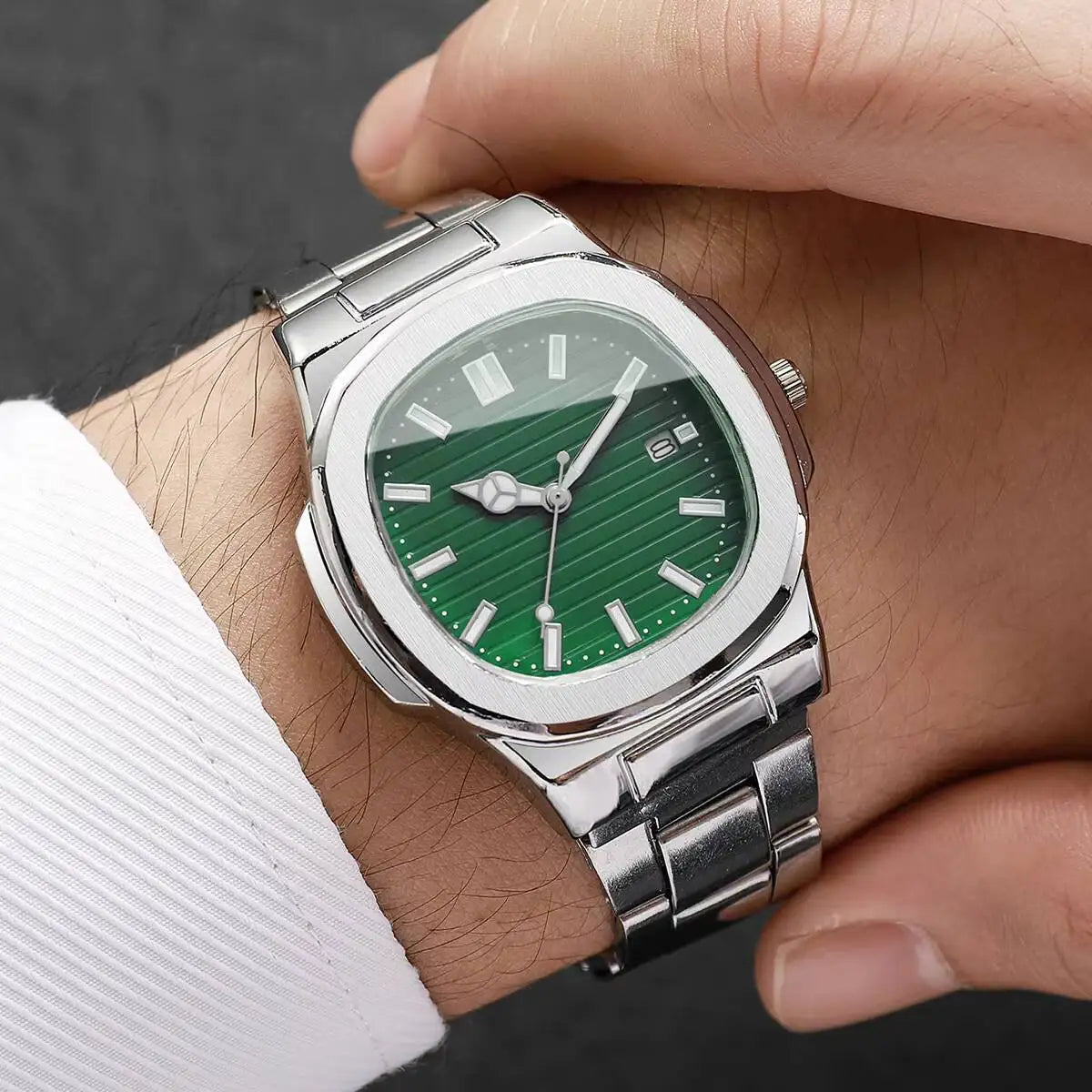 Luxury Men Business Watches Fashion Square Dial Stainless Steel Strap Quartz Watch with Calendar For Mens Clock(Without Box)
