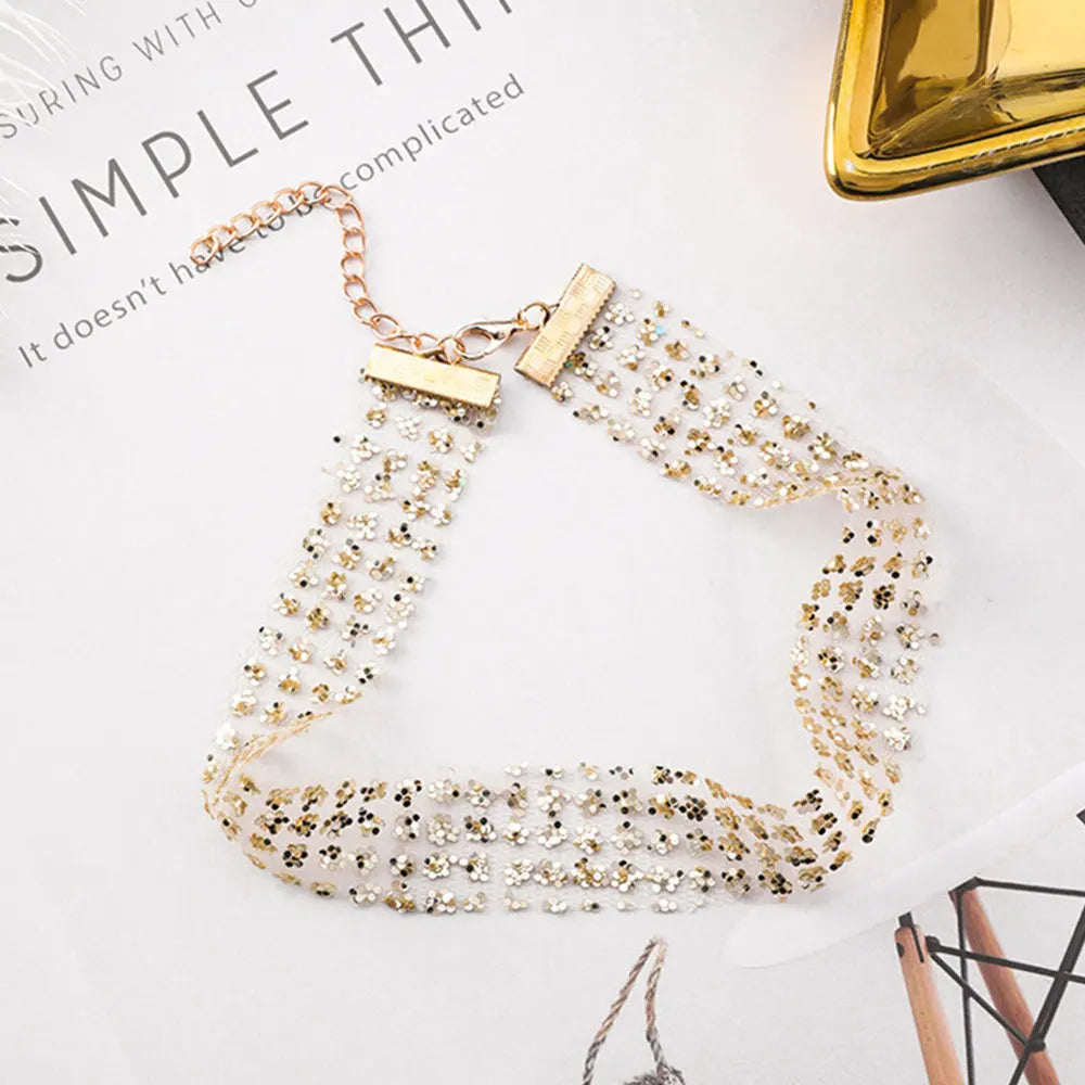 Sexy Wide Metal Collar Choker Necklaces for Women Lace Shiny Sequin Neck Necklace Chain Collars Necklace Elegant Party Jewelry