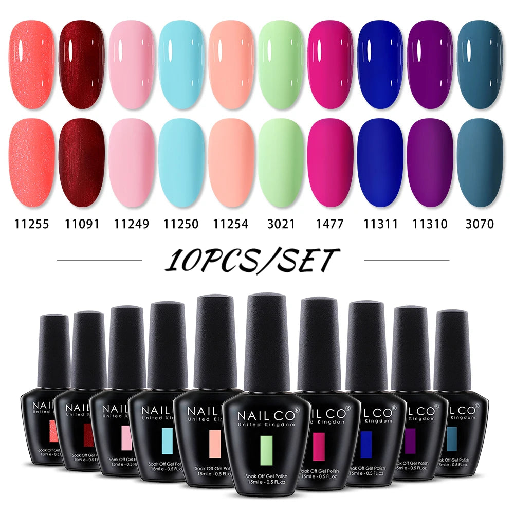 NAILCO 10PCS/Set Gel Nail Polish Gorgeous Full Coverage Semi Permanent Soak Off UV LED Gel Nail Art Base Top Coat Gel Polish Kit