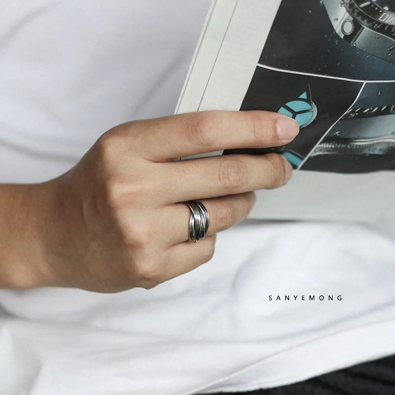 Retro Overlapping Ring For Men Silver Color Punk Gothic Adjustable Open Ring Handmade Rock Unisex Jewelry Accessories Man Gift