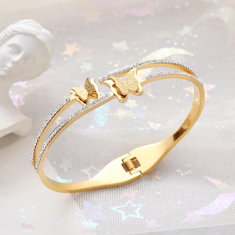 Luxury Crystal Butterfly Bracelet, Silver Gold Plated Women's Bracelet White, Double Layer Zircon Spring Bracelet, Girls Gift