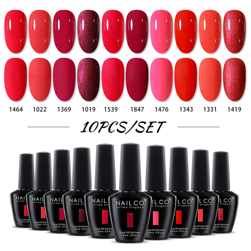 NAILCO 10PCS/Set Gel Nail Polish Gorgeous Full Coverage Semi Permanent Soak Off UV LED Gel Nail Art Base Top Coat Gel Polish Kit