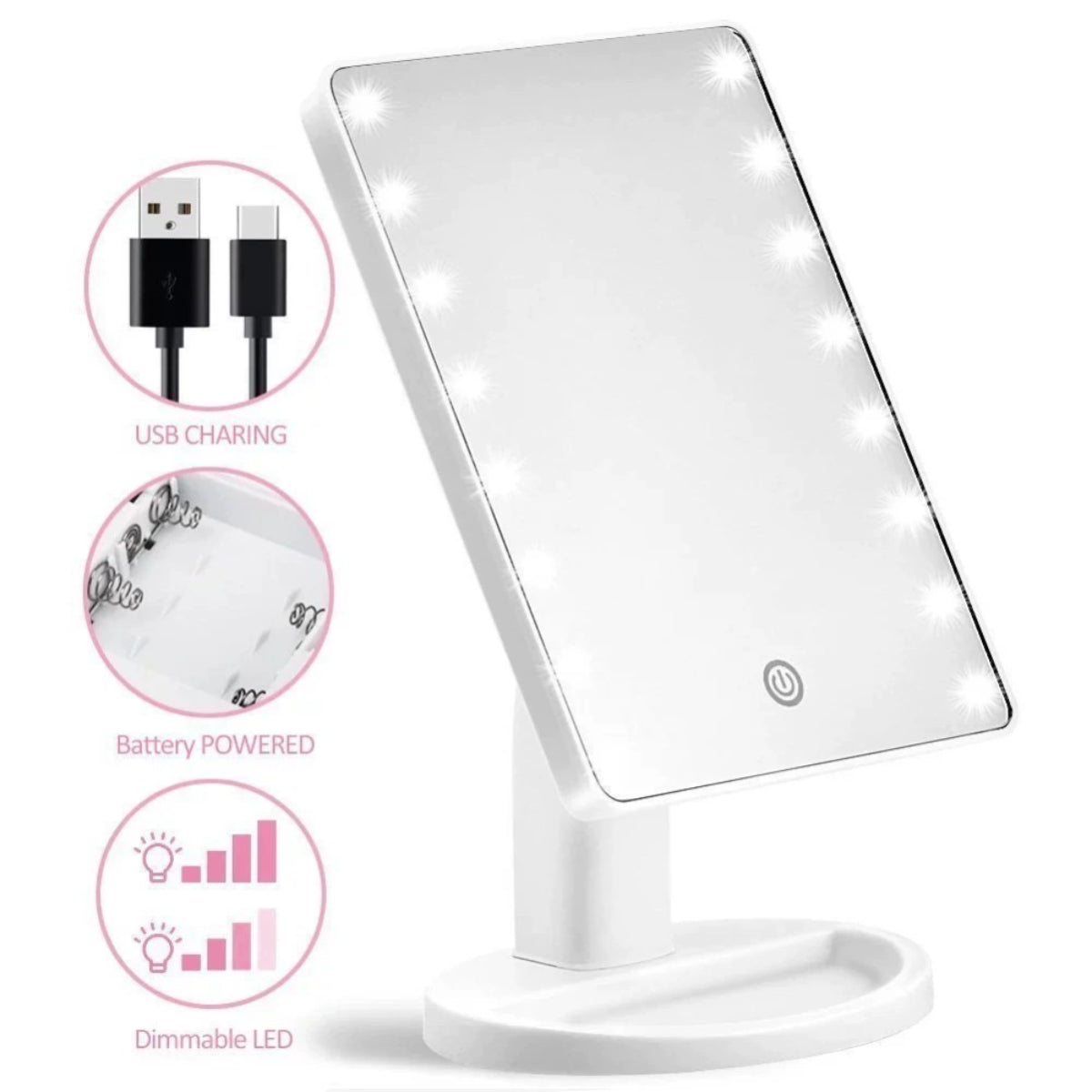 16LED Touch Screen Makeup Mirror, Rotatable Vanity Mirror, 3-Speed Brightness, Portable Cosmetic Mirror for Dorm Bedroom