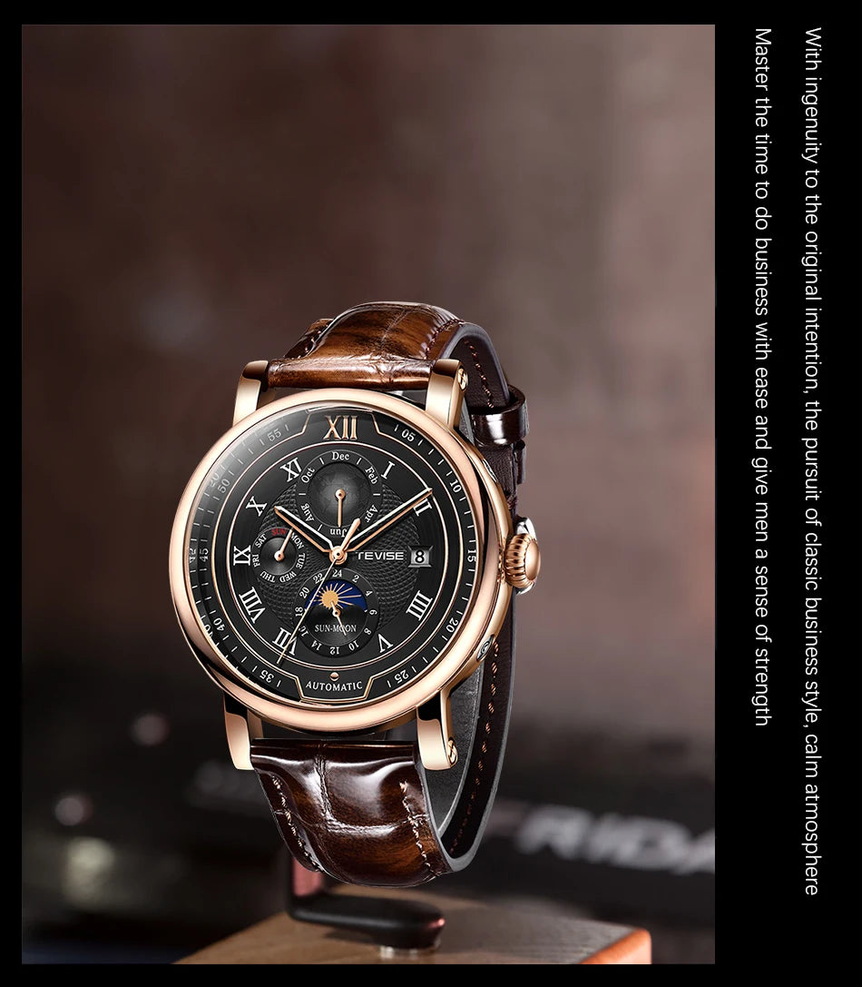 2025 TEVISE Top Brand Luxury Leather Watch For Men Business Waterproof Mens Mechanical Watches Moon Phase Automatic Wristwatch