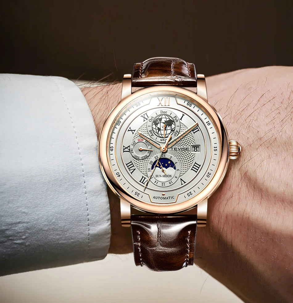 2025 TEVISE Top Brand Luxury Leather Watch For Men Business Waterproof Mens Mechanical Watches Moon Phase Automatic Wristwatch
