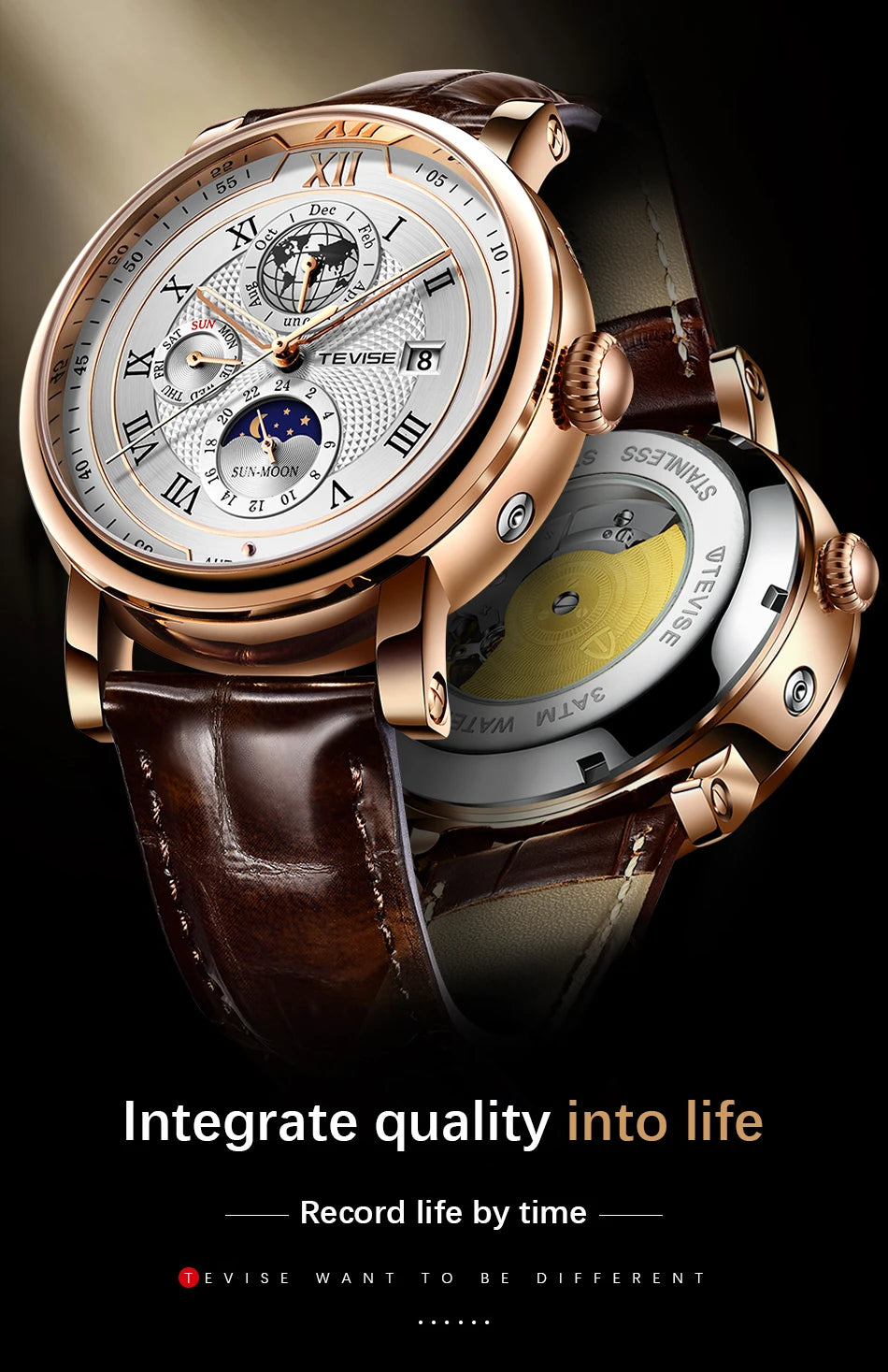 2025 TEVISE Top Brand Luxury Leather Watch For Men Business Waterproof Mens Mechanical Watches Moon Phase Automatic Wristwatch