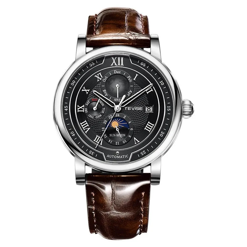 2025 TEVISE Top Brand Luxury Leather Watch For Men Business Waterproof Mens Mechanical Watches Moon Phase Automatic Wristwatch
