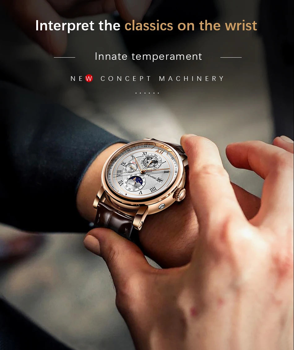 2025 TEVISE Top Brand Luxury Leather Watch For Men Business Waterproof Mens Mechanical Watches Moon Phase Automatic Wristwatch