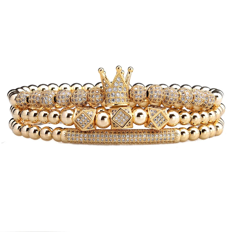 3pcs/Set Luxury  Royal King Crown Dice Charm CZ Ball Elastic Bracelet Mens Fashion Bracelets & Bangles Women Jewelry
