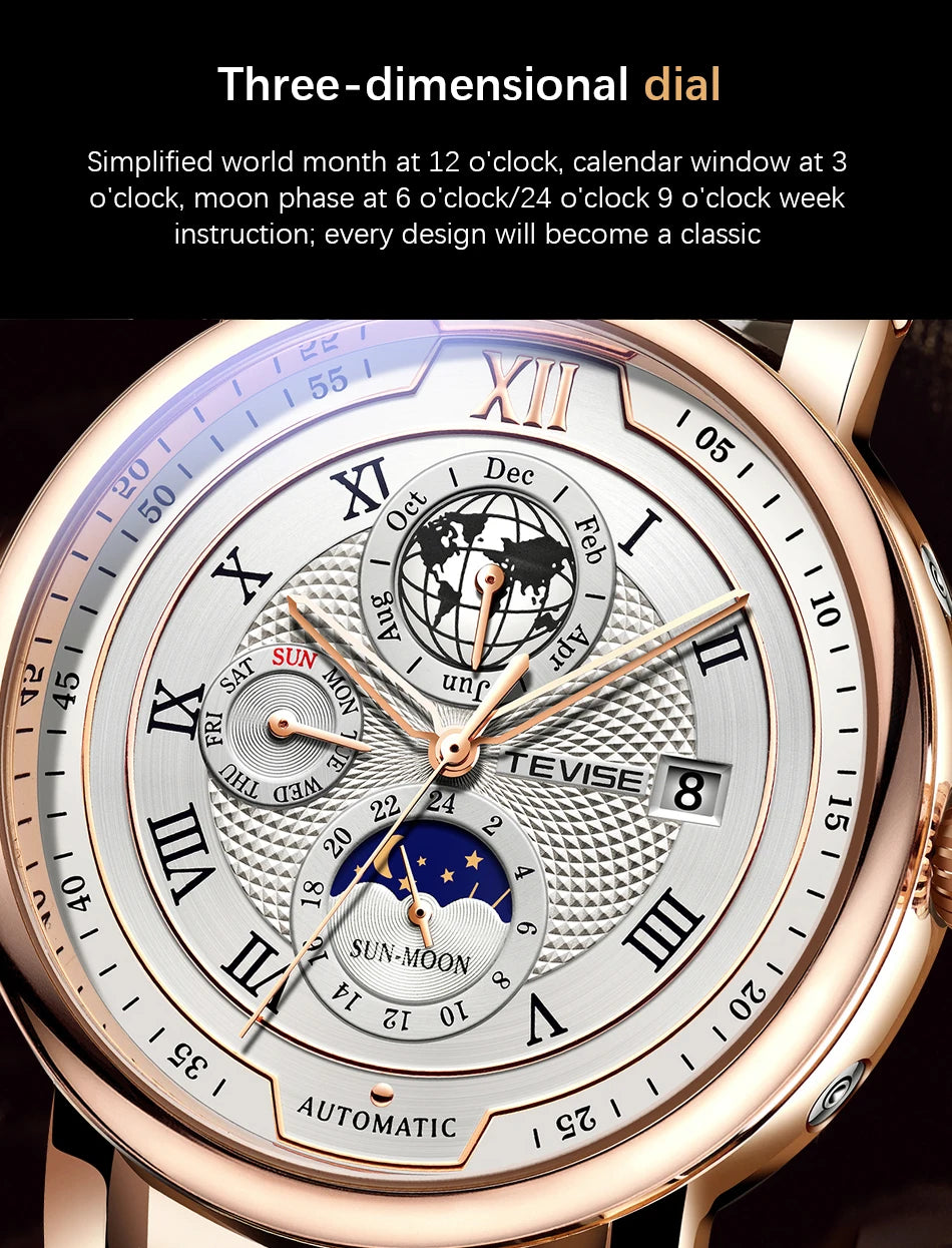 2025 TEVISE Top Brand Luxury Leather Watch For Men Business Waterproof Mens Mechanical Watches Moon Phase Automatic Wristwatch