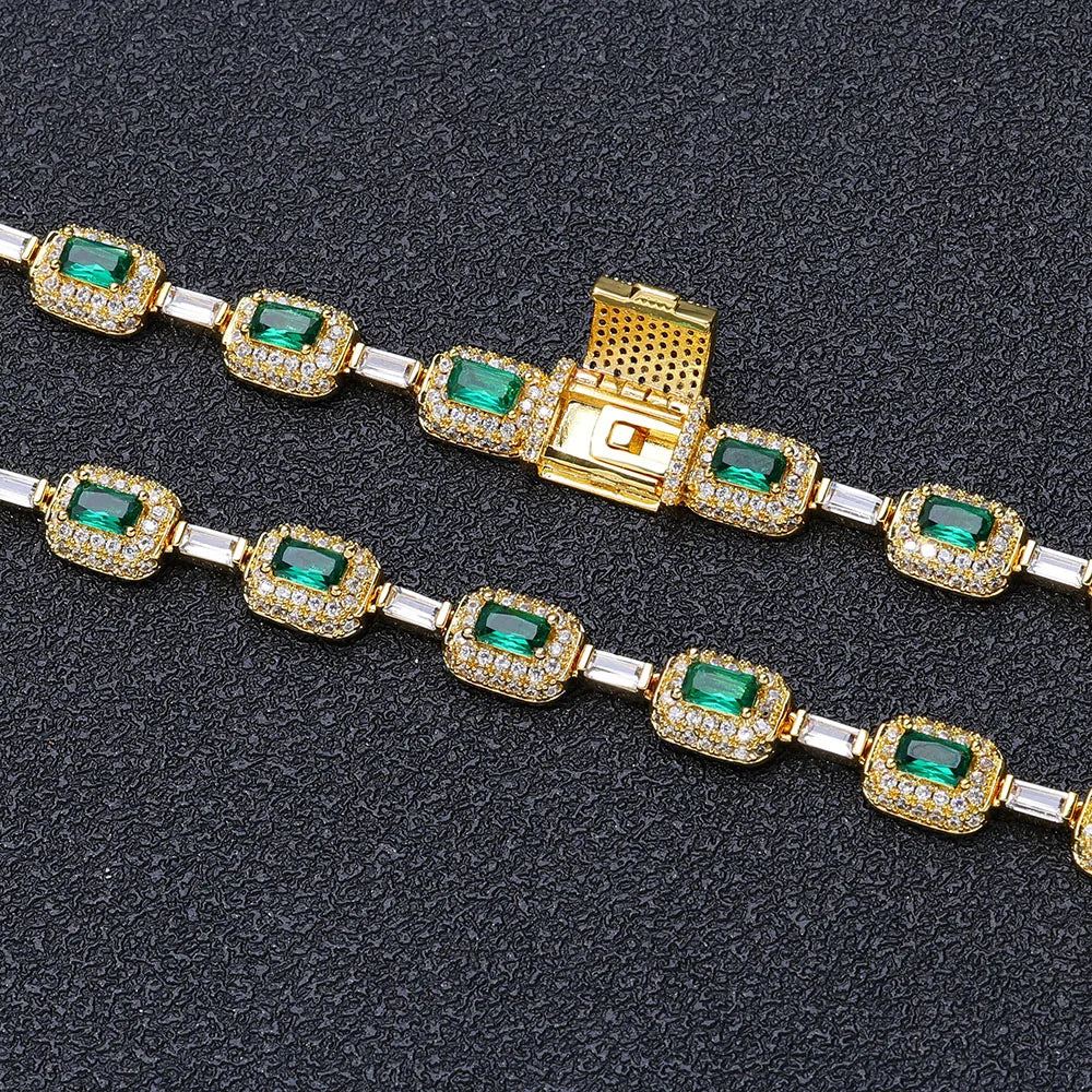 NUOYA Trendy men's Jewelry Silver Plated Green Baguette Diamond Chain Bracelet Micro Pave Emerald Zircon Fashion Bracelet