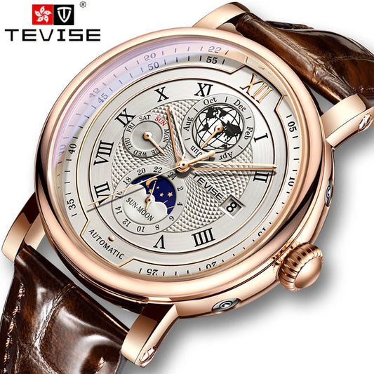 2025 TEVISE Top Brand Luxury Leather Watch For Men Business Waterproof Mens Mechanical Watches Moon Phase Automatic Wristwatch