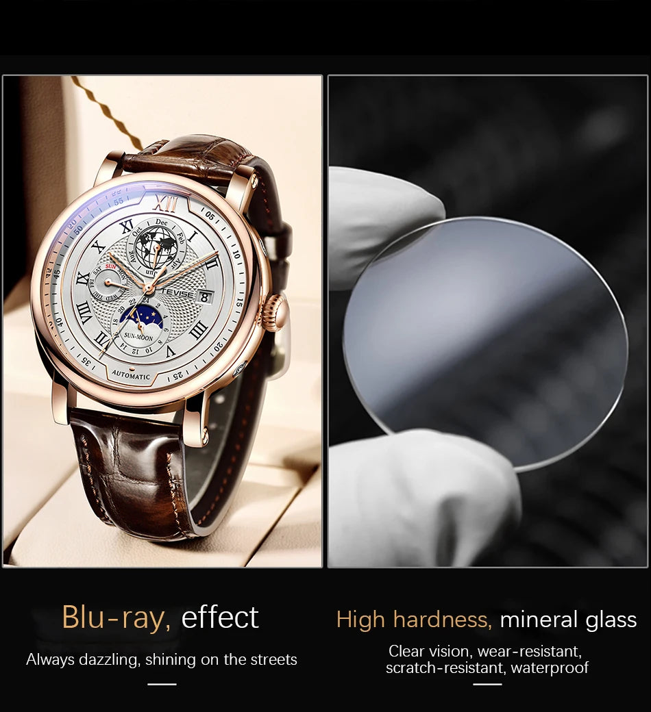 2025 TEVISE Top Brand Luxury Leather Watch For Men Business Waterproof Mens Mechanical Watches Moon Phase Automatic Wristwatch
