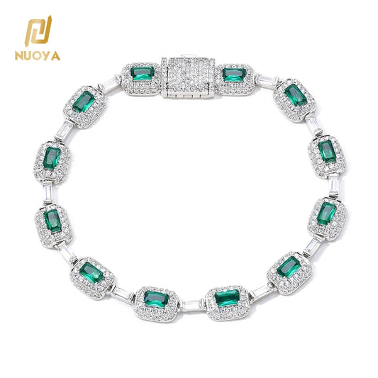 NUOYA Trendy men's Jewelry Silver Plated Green Baguette Diamond Chain Bracelet Micro Pave Emerald Zircon Fashion Bracelet