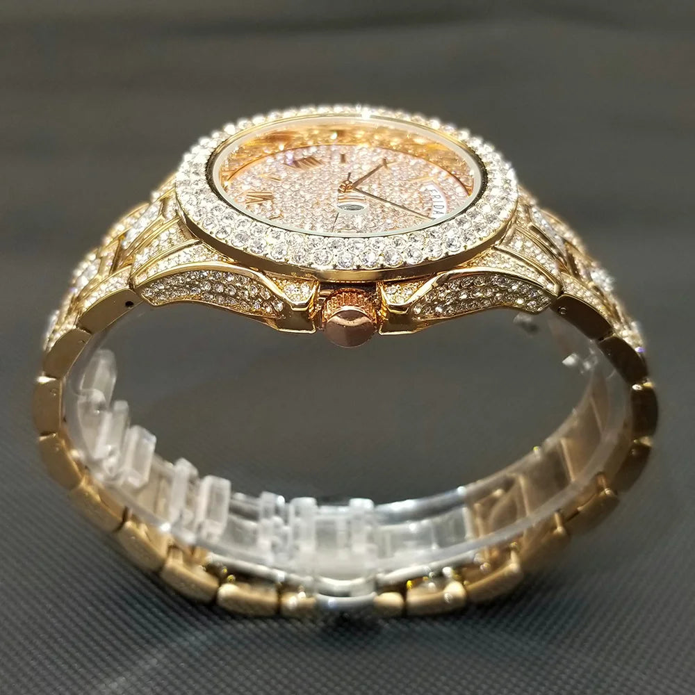 Full Iced Out Watch For Men Luxury Gold Hip Hop Diamond Quartz Mens Watches Waterproof Day Date Clock Best Selling Product 2023