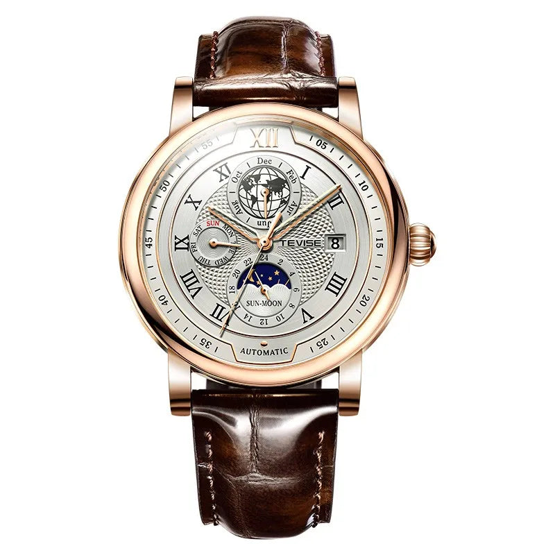 2025 TEVISE Top Brand Luxury Leather Watch For Men Business Waterproof Mens Mechanical Watches Moon Phase Automatic Wristwatch