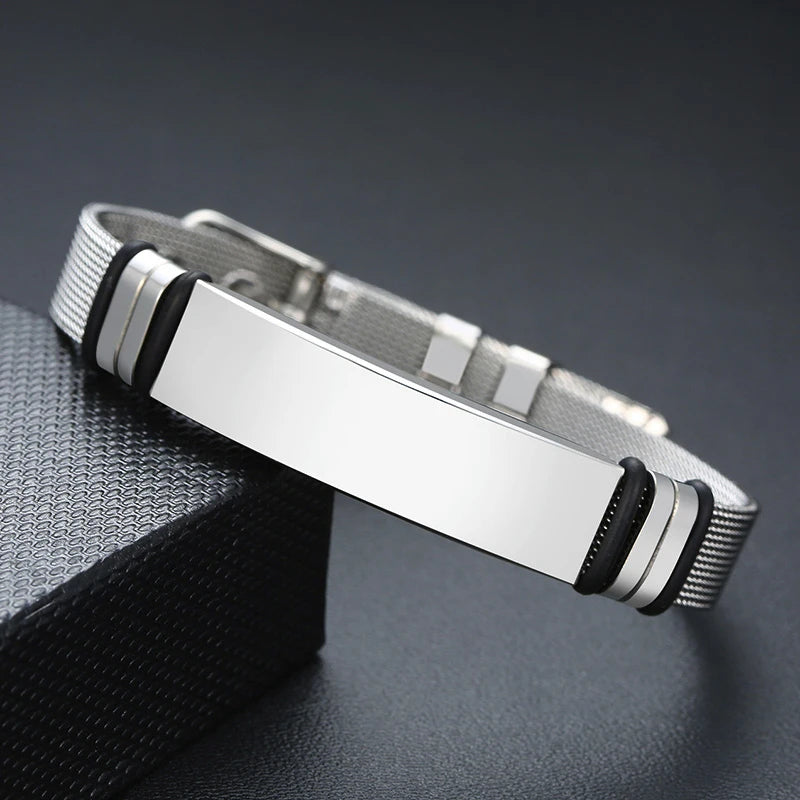 MESH BRACELET FOR MEN WOMEN SILVER STAINLESS STEEL METAL ADJUSTABLE ENGRAVABLE UNISEX BRACELETS