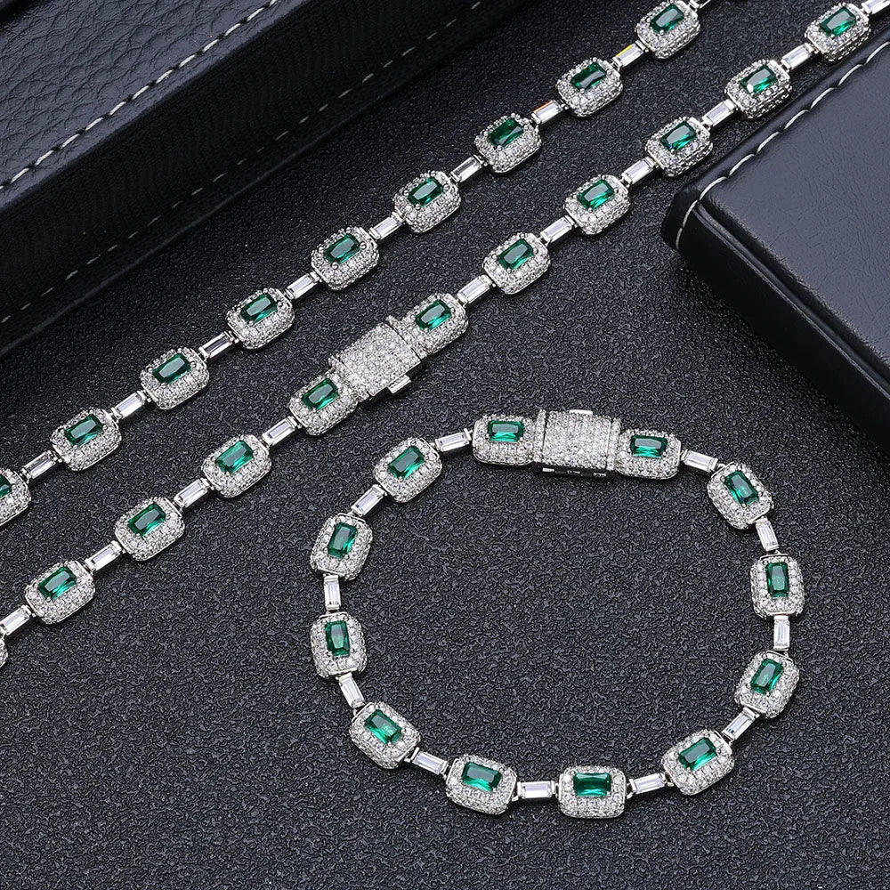 NUOYA Trendy men's Jewelry Silver Plated Green Baguette Diamond Chain Bracelet Micro Pave Emerald Zircon Fashion Bracelet