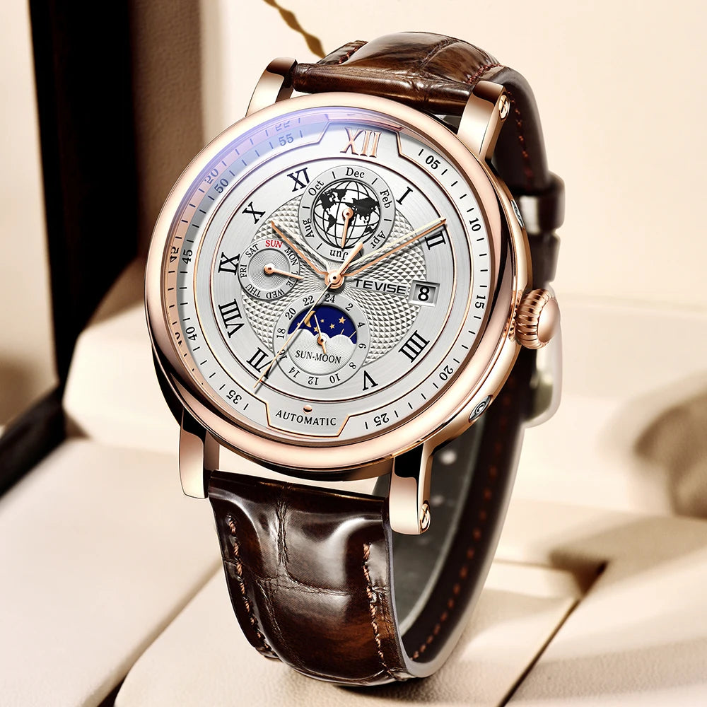 2025 TEVISE Top Brand Luxury Leather Watch For Men Business Waterproof Mens Mechanical Watches Moon Phase Automatic Wristwatch