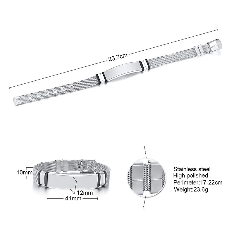 MESH BRACELET FOR MEN WOMEN SILVER STAINLESS STEEL METAL ADJUSTABLE ENGRAVABLE UNISEX BRACELETS