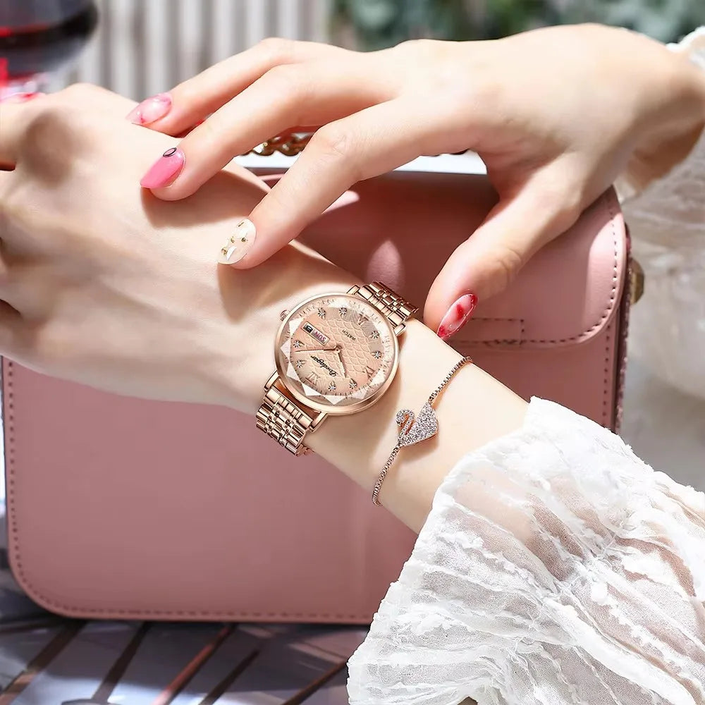 POEDAGAR 3011 Luxury Stainless Steel Wristwatch Bracelet Watch Women Fashion Simple Rose Gold Waterproof Luminous Ladies Watches