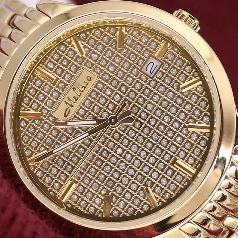 Luxury Melissa Auto Date Men's Watch Women's Watch Elegant Rhinestone Large Hours Crystal Clock Girl's Birthday Gift Box