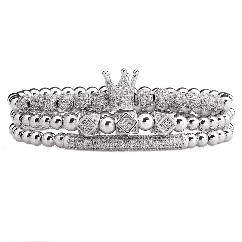 3pcs/Set Luxury  Royal King Crown Dice Charm CZ Ball Elastic Bracelet Mens Fashion Bracelets & Bangles Women Jewelry