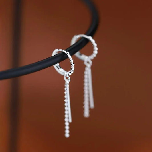 925 Sterling Silver Double Pierced Ear Buckle Zircon Beads Tassels Bar Earrings For Women Round Temperament Earrings Women Gift