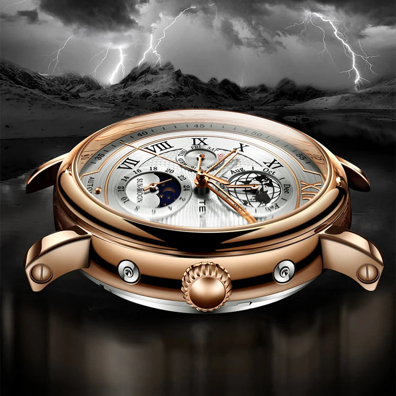 2025 TEVISE Top Brand Luxury Leather Watch For Men Business Waterproof Mens Mechanical Watches Moon Phase Automatic Wristwatch