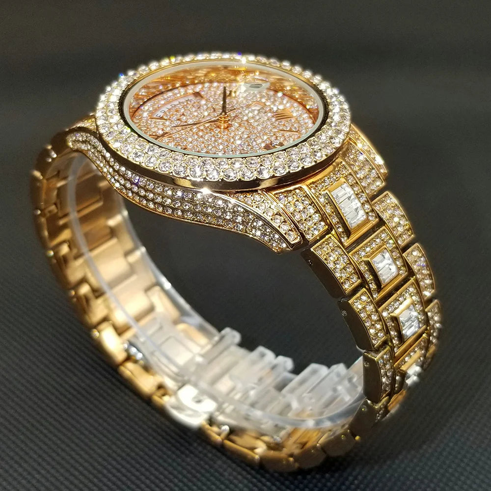 Full Iced Out Watch For Men Luxury Gold Hip Hop Diamond Quartz Mens Watches Waterproof Day Date Clock Best Selling Product 2023
