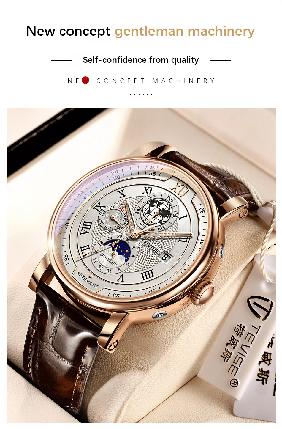 2025 TEVISE Top Brand Luxury Leather Watch For Men Business Waterproof Mens Mechanical Watches Moon Phase Automatic Wristwatch