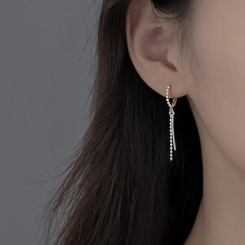 925 Sterling Silver Double Pierced Ear Buckle Zircon Beads Tassels Bar Earrings For Women Round Temperament Earrings Women Gift