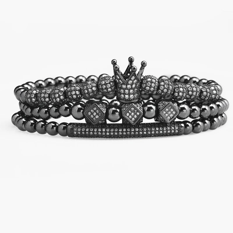 3pcs/Set Luxury  Royal King Crown Dice Charm CZ Ball Elastic Bracelet Mens Fashion Bracelets & Bangles Women Jewelry