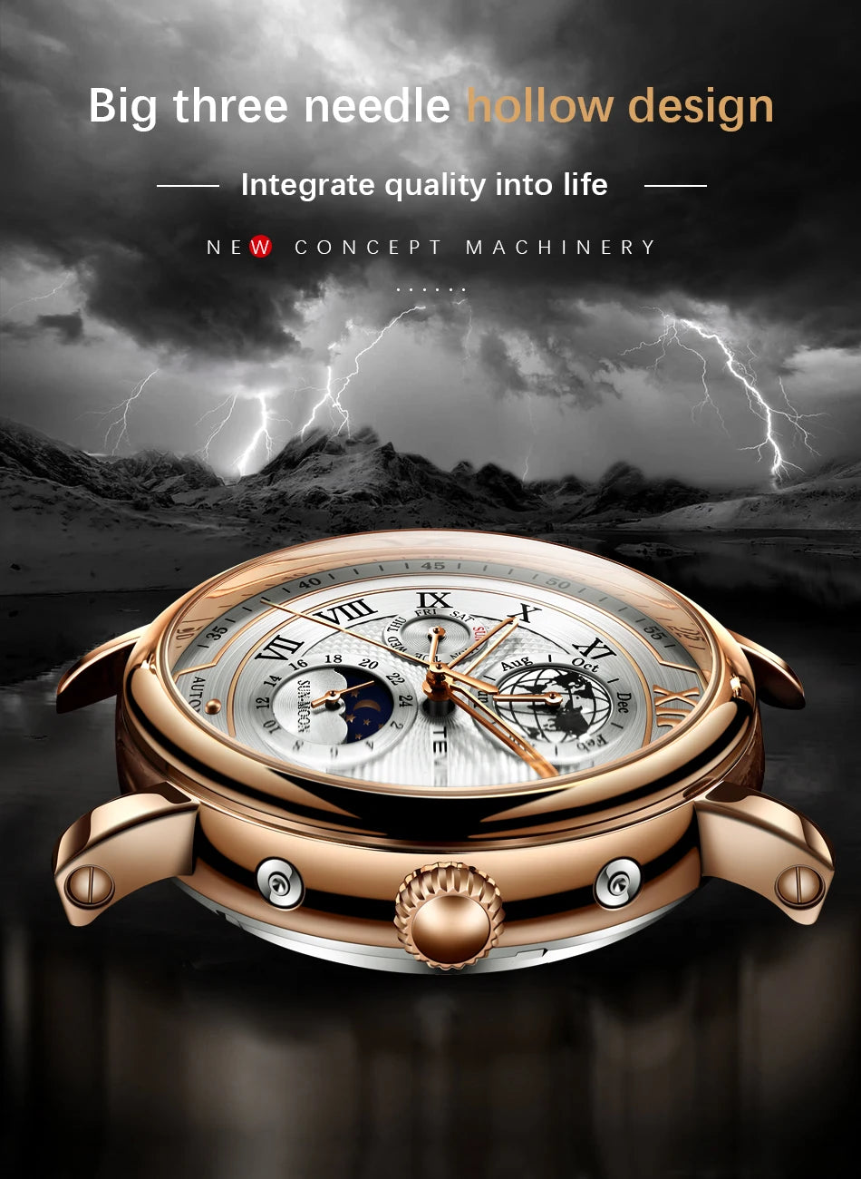 2025 TEVISE Top Brand Luxury Leather Watch For Men Business Waterproof Mens Mechanical Watches Moon Phase Automatic Wristwatch
