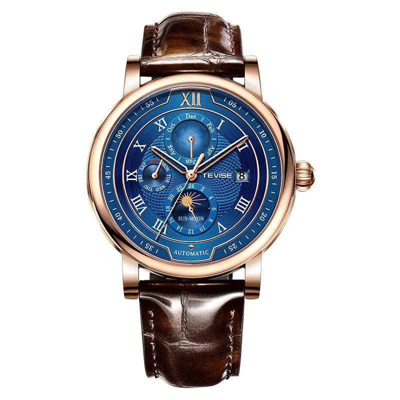 2025 TEVISE Top Brand Luxury Leather Watch For Men Business Waterproof Mens Mechanical Watches Moon Phase Automatic Wristwatch