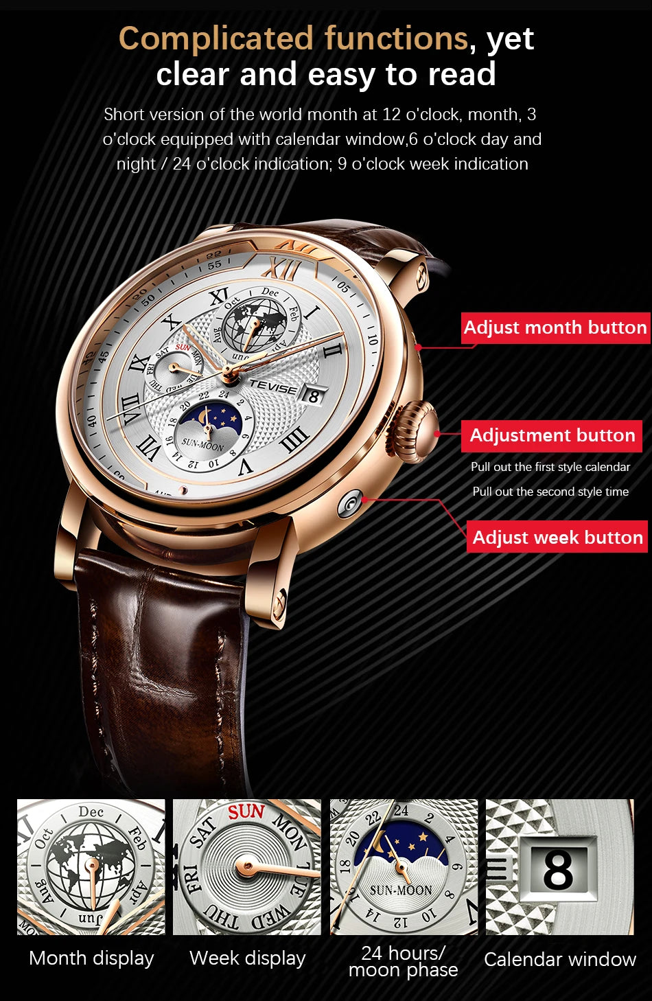 2025 TEVISE Top Brand Luxury Leather Watch For Men Business Waterproof Mens Mechanical Watches Moon Phase Automatic Wristwatch