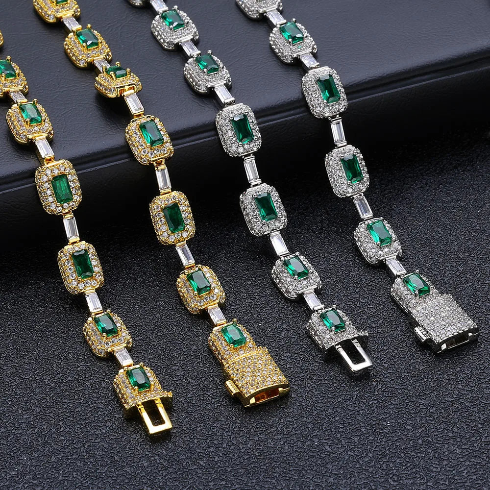 NUOYA Trendy men's Jewelry Silver Plated Green Baguette Diamond Chain Bracelet Micro Pave Emerald Zircon Fashion Bracelet